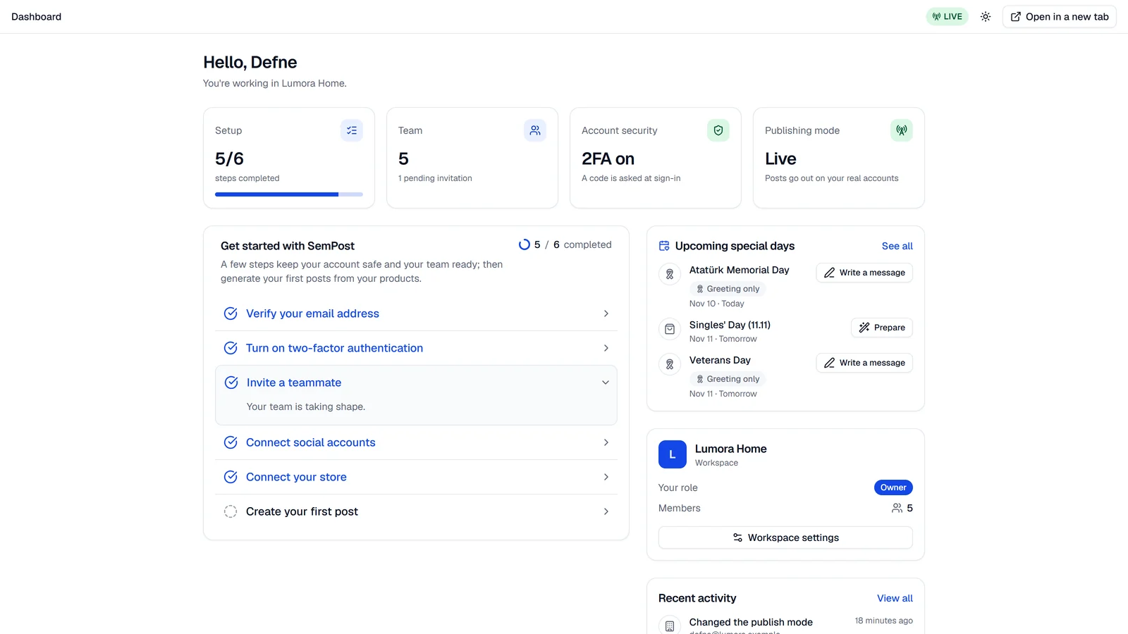 The SemPost dashboard in the Shopify admin, with the Live badge, the theme button and Open in a new tab at the top right
