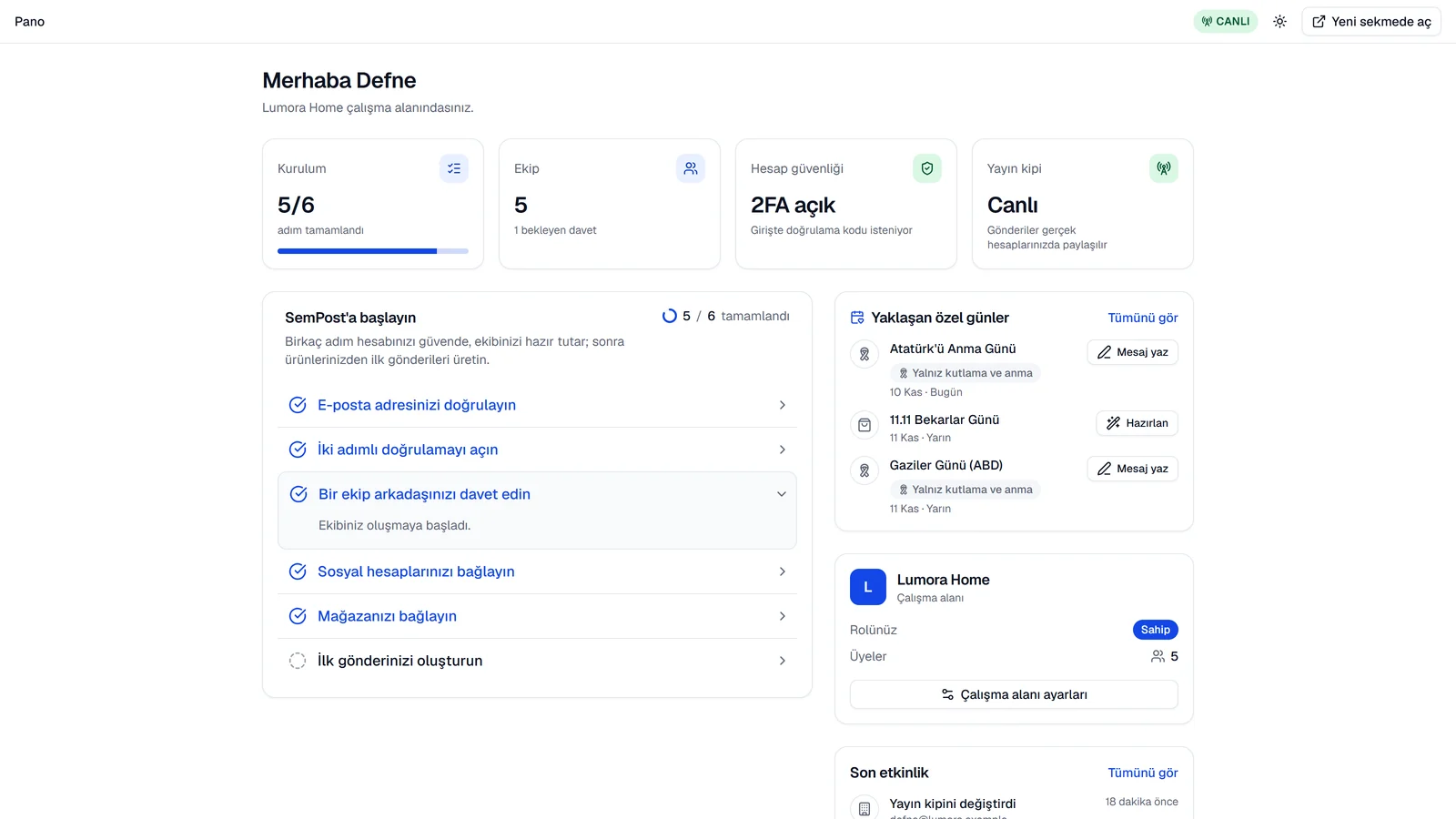 Shopify yönetim panelinde SemPost panosu; sağ üstte Yeni sekmede aç düğmesi