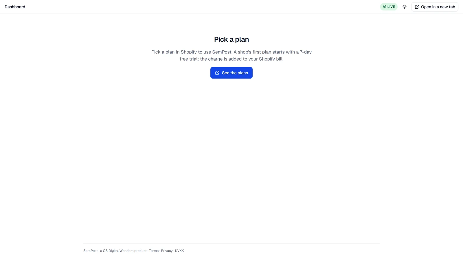 Pick a plan inside the Shopify admin, with the See the plans button