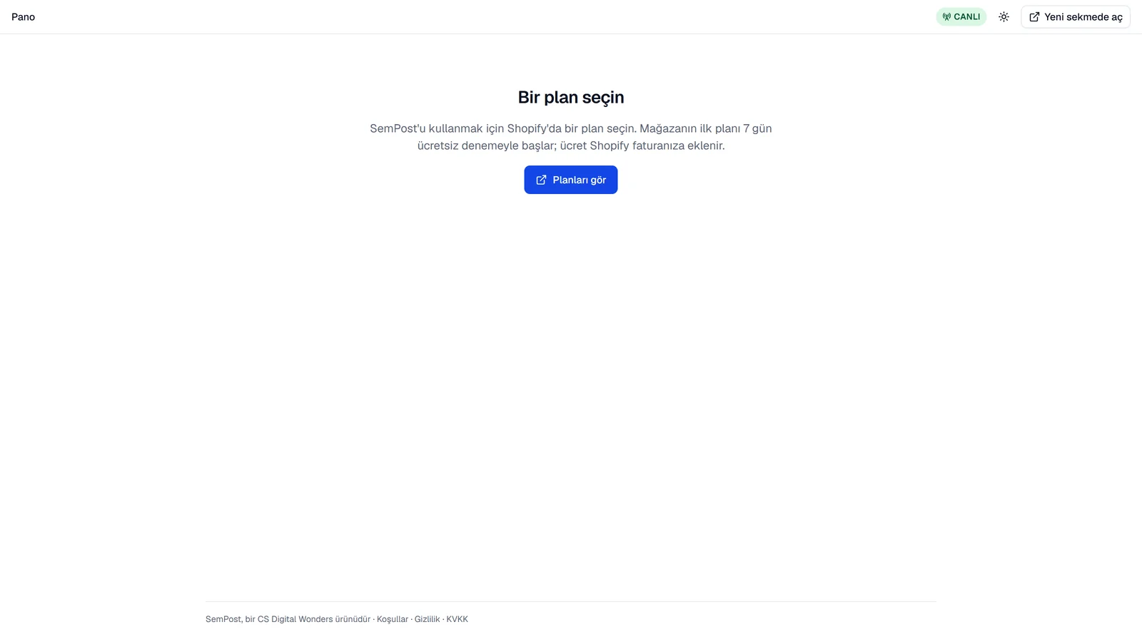 Shopify yönetim panelinde Bir plan seçin ekranı ve Planları gör düğmesi