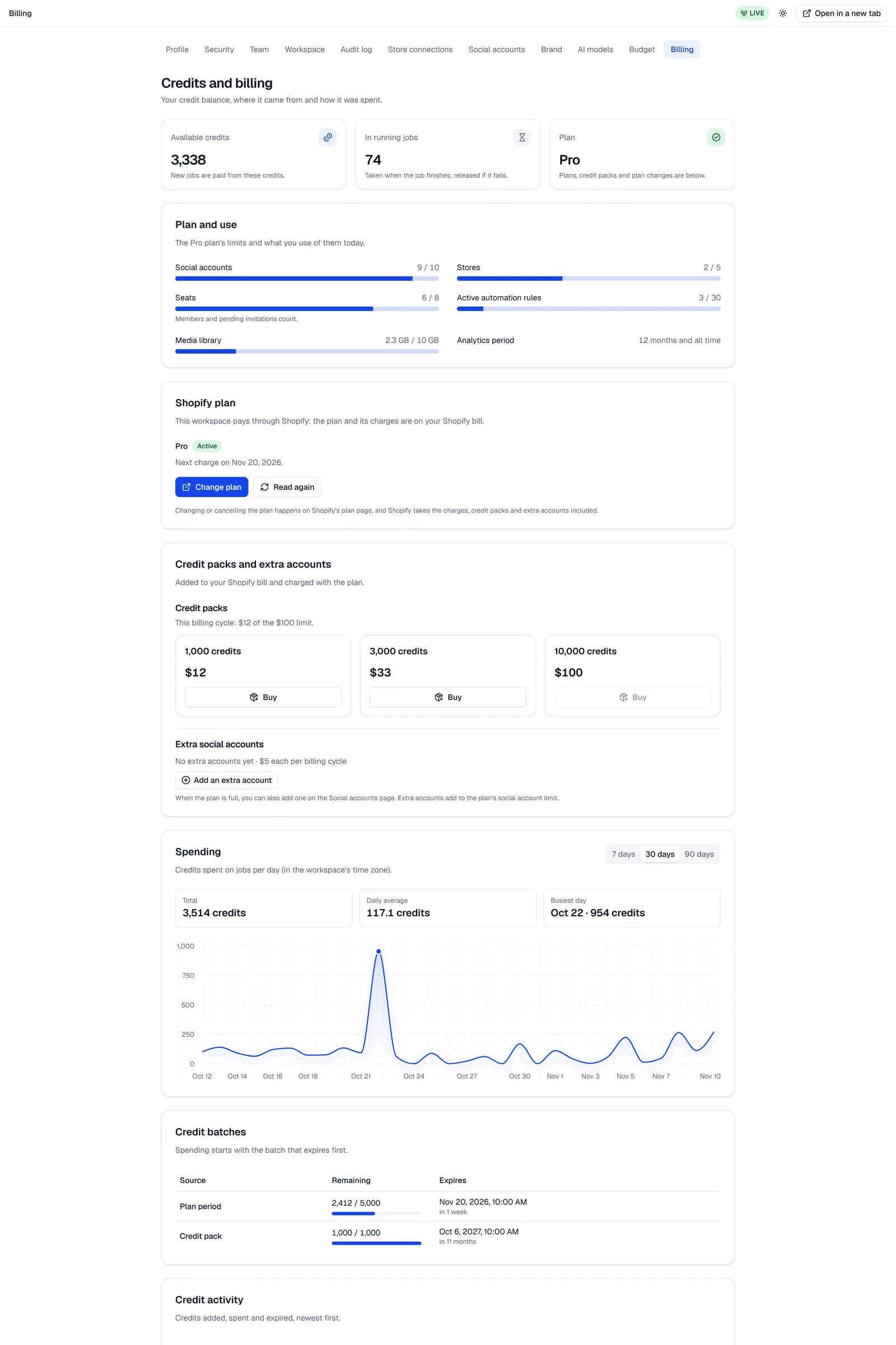Settings › Billing in the Shopify admin: Plan and use, the Shopify plan card with Change plan and Read again, and the credit packs and extra accounts