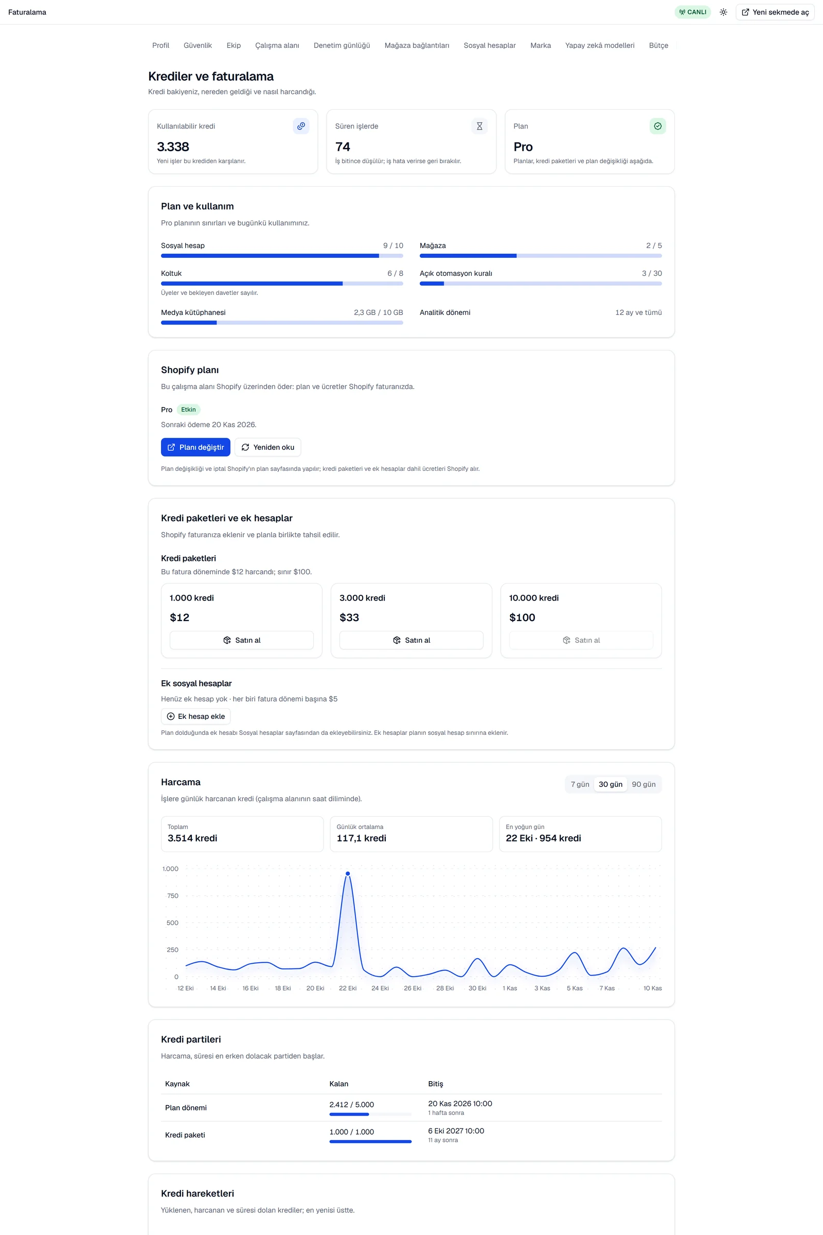Shopify yönetim panelinde Ayarlar › Faturalama: Plan ve kullanım, Planı değiştir ve Yeniden oku düğmeleriyle Shopify planı kartı, kredi paketleri ve ek hesaplar