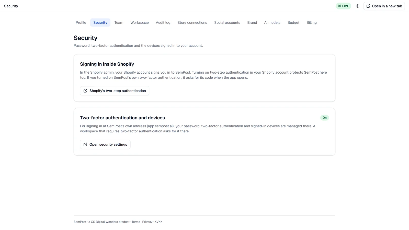 Settings › Security in the Shopify admin: the settings tabs at the top, the Signing in inside Shopify card and the Two-factor authentication and devices card with Open security settings